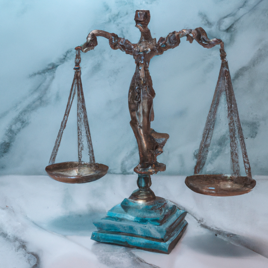Minimal justice balance scale on marble with teal accent