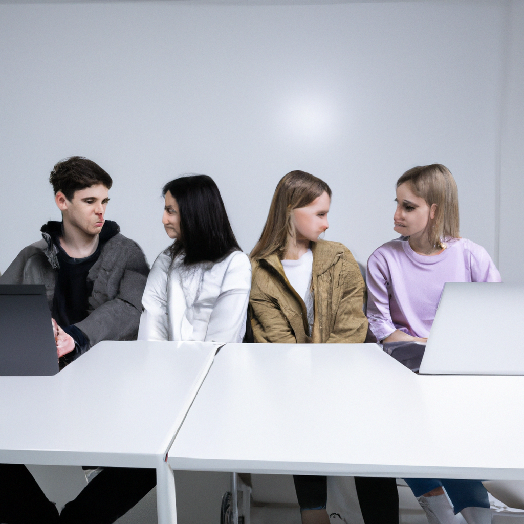 People practicing conversation in a bright studio, minimalist style